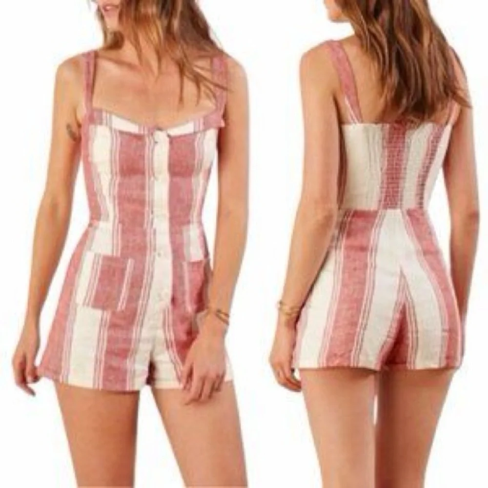 Reformation Coconut Linen Romper in the red and white Cuba Stripe (114)